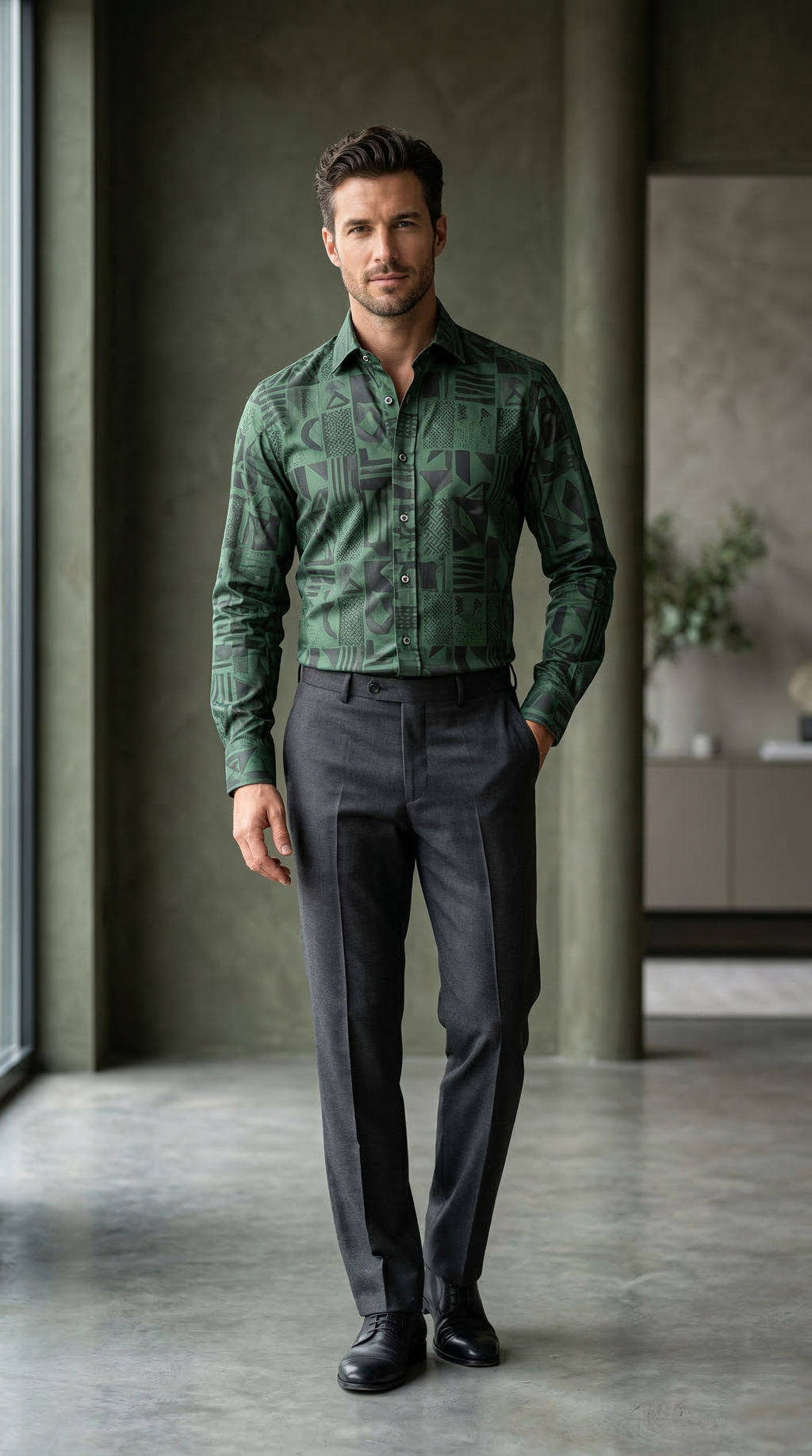 Men’s Designer Slim-Fit Emerald Geometric Glyph Print Shirt