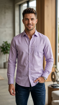 Men’s Casual Slim-Fit Linen-Cotton Shirt in Heathered Lavender