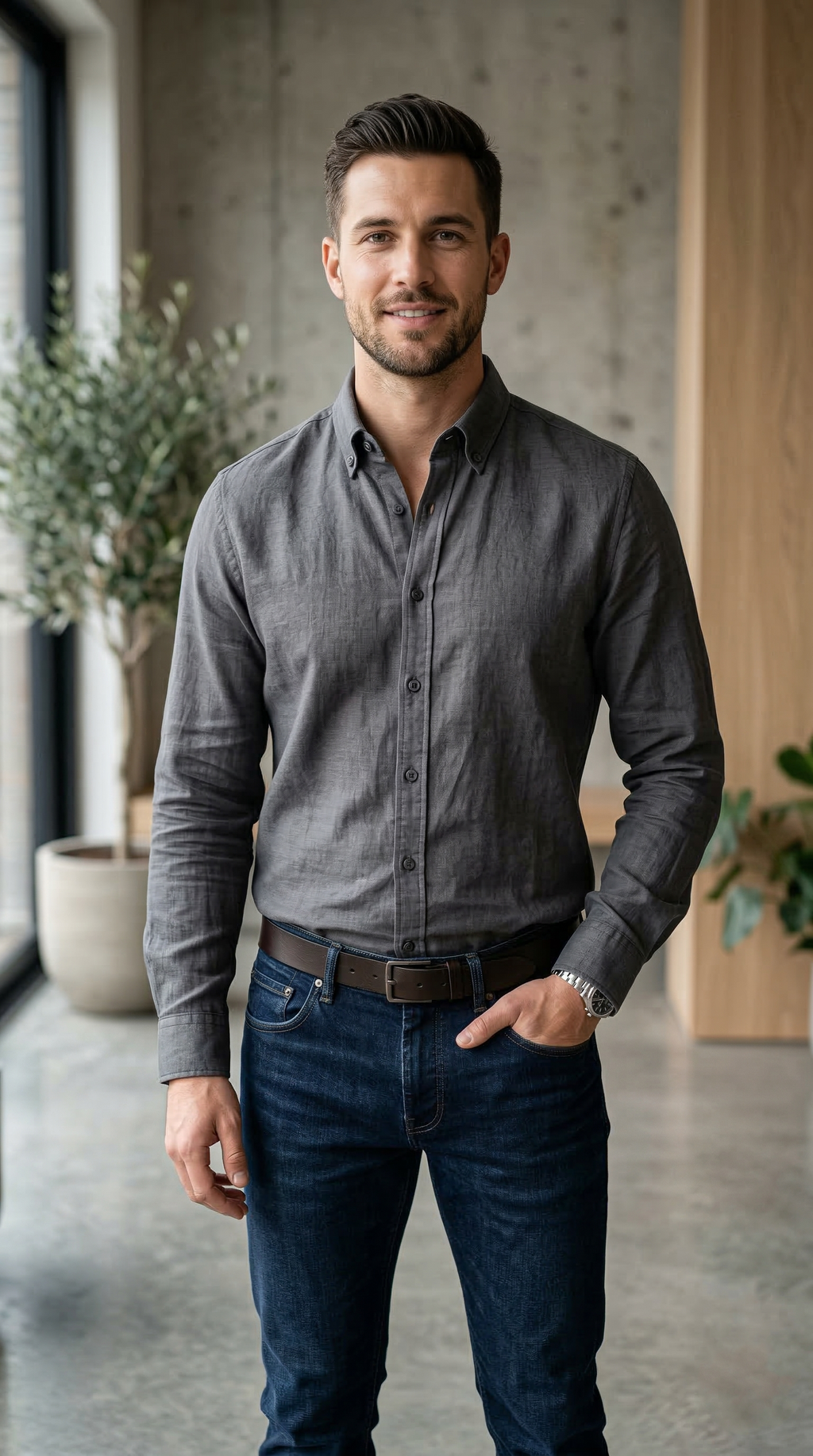 Men’s Casual Slim-Fit Melange Linen Shirt in Charcoal Grey