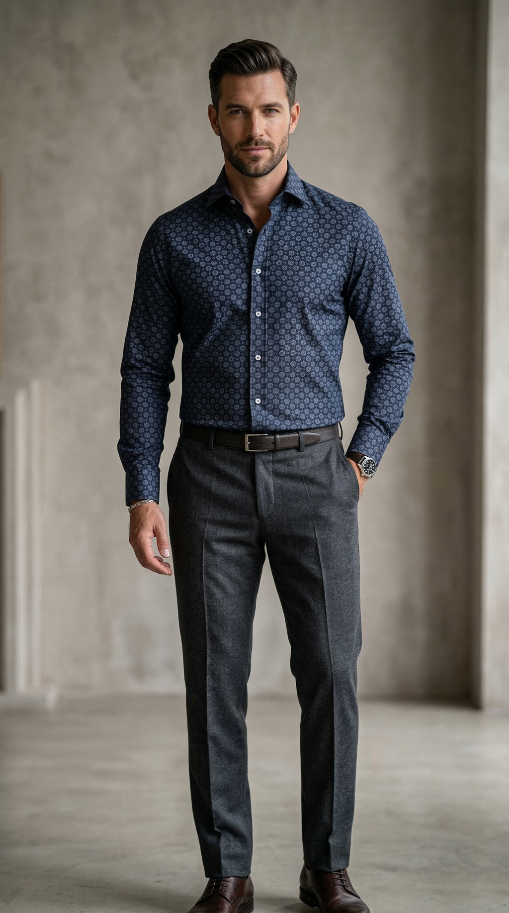 Designer Men’s Navy Medallion Print Dress Shirt – Slim Fit Geometric Floral