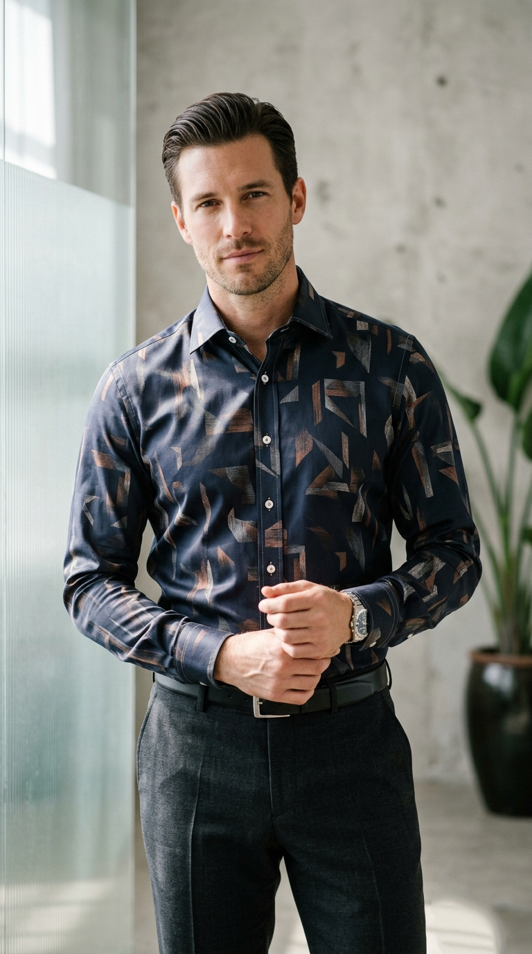 Designer Men’s Abstract Shattered Geometric Shirt – Navy & Copper Fragmented Print