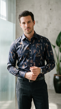 Designer Men’s Abstract Shattered Geometric Shirt – Navy & Copper Fragmented Print