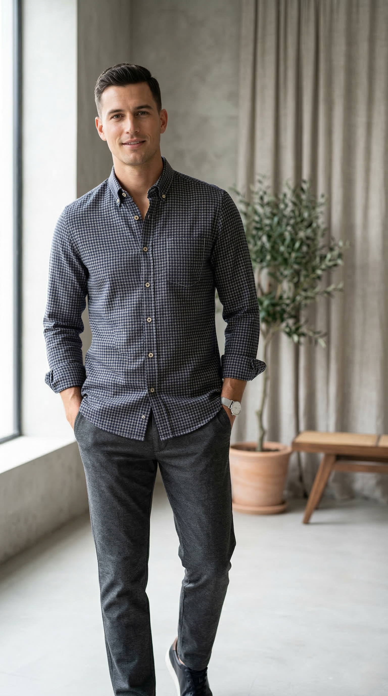 Men’s Navy Blue Checked Casual Shirt