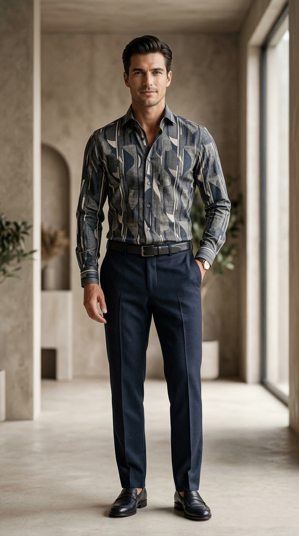 Designer Men’s Abstract Geometric Print Shirt – Modern Slate & Charcoal Art-Deco Motif