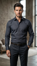 Men's Slim-Fit Midnight Navy Geo-Print Dress Shirt with Contrast Topstitching