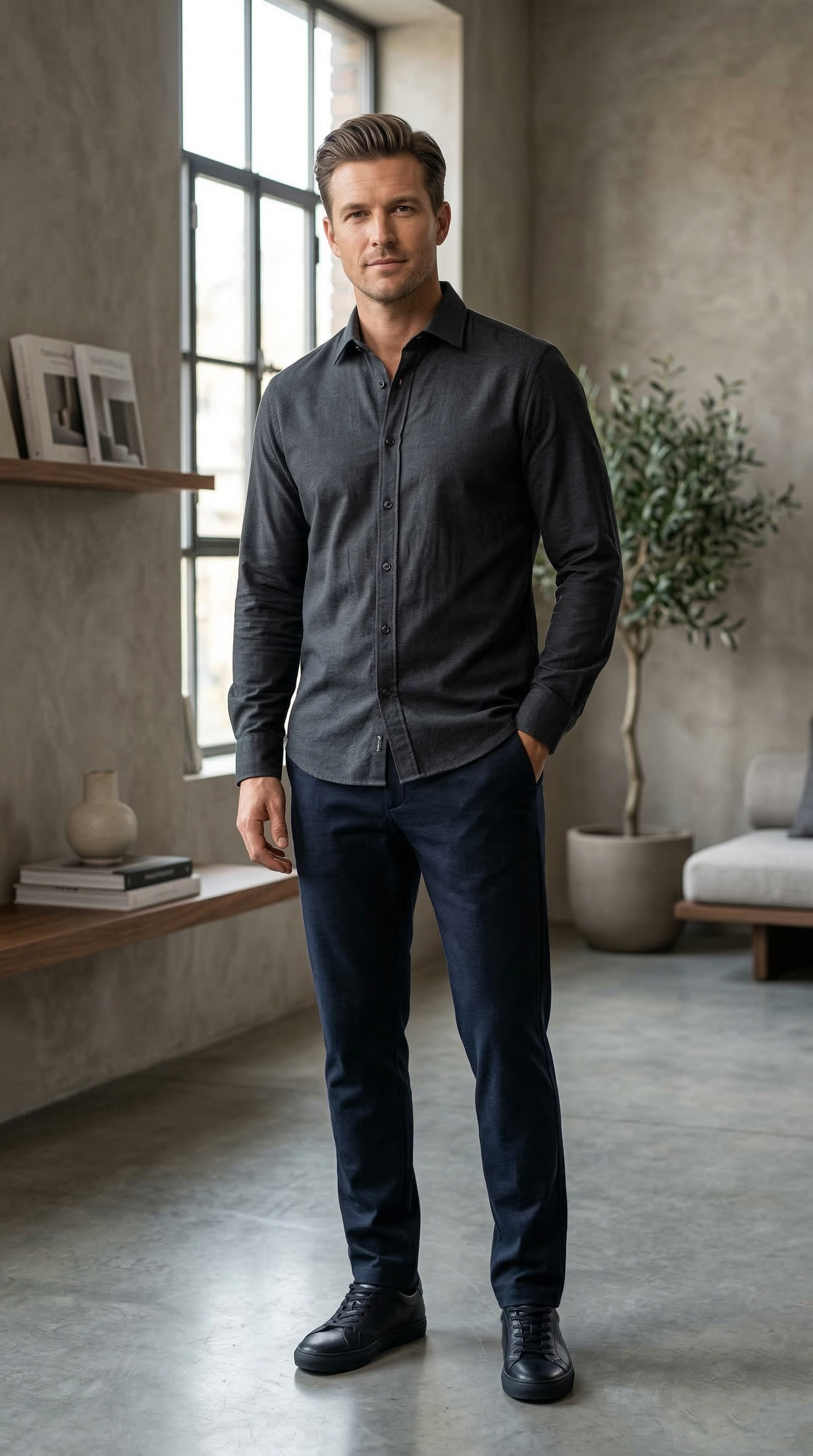 Men’s Charcoal Brushed Cotton – The Sleek Urban Casual Button-Down