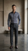 Designer Men’s Geometric Hexagon Print Shirt – Navy & Slate 3D Optical Motif