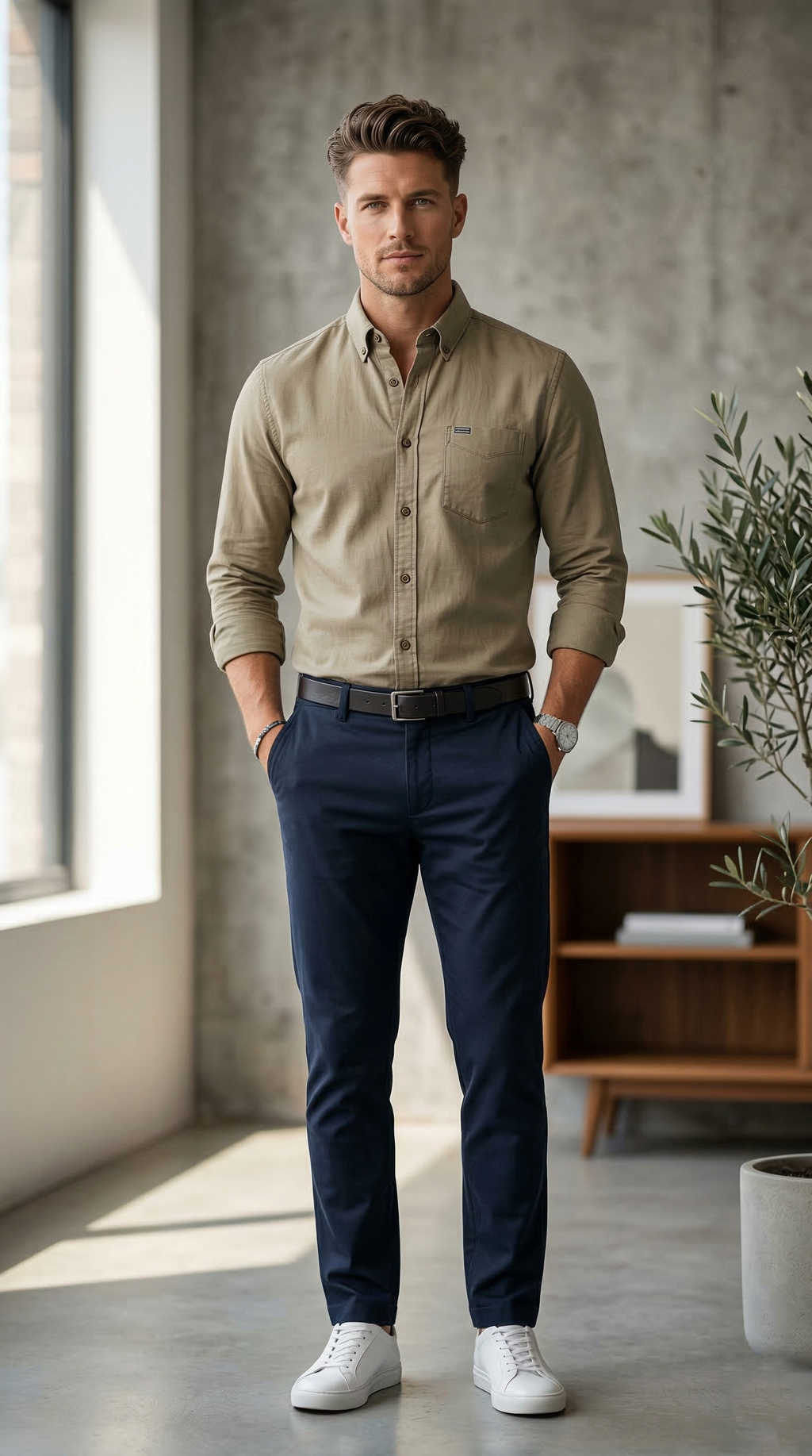 Men’s Slim-Fit Khaki Cotton Oxford – The Essential Casual Button-Down
