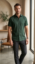 Men’s Casual Short-Sleeve Linen Shirt in Hunter Green