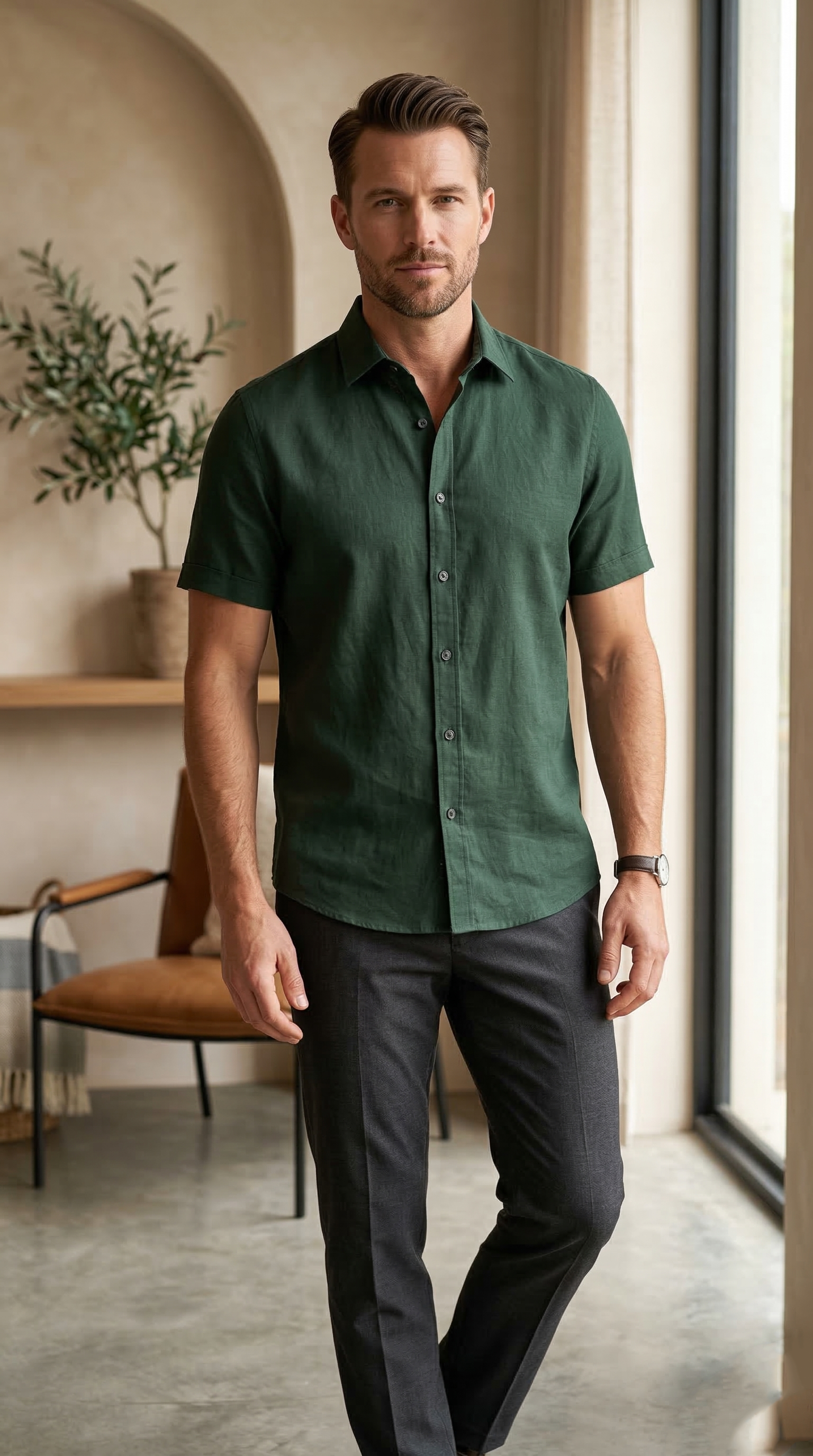 Men’s Casual Short-Sleeve Linen Shirt in Hunter Green