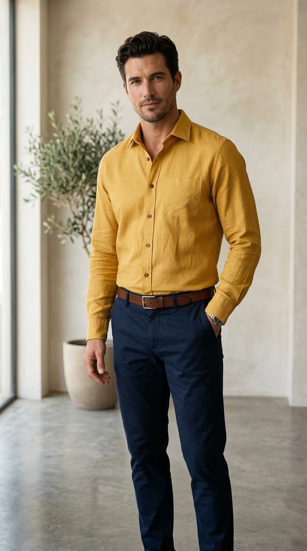 Men’s Casual Long-Sleeve Linen-Blend Shirt in Mustard Gold