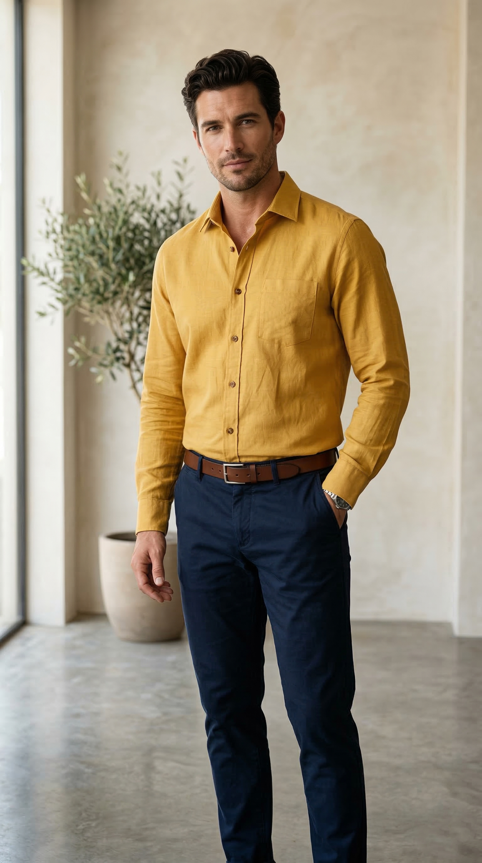 Men’s Casual Long-Sleeve Linen-Blend Shirt in Mustard Gold