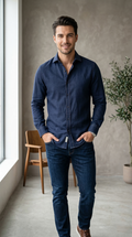 Men’s Deep Indigo Denim-Look Casual shirt with Contrast Topstitching