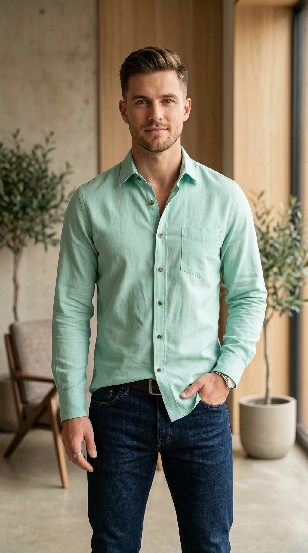 Men’s Casual Lightweight Linen-Blend Shirt in Pastel Mint