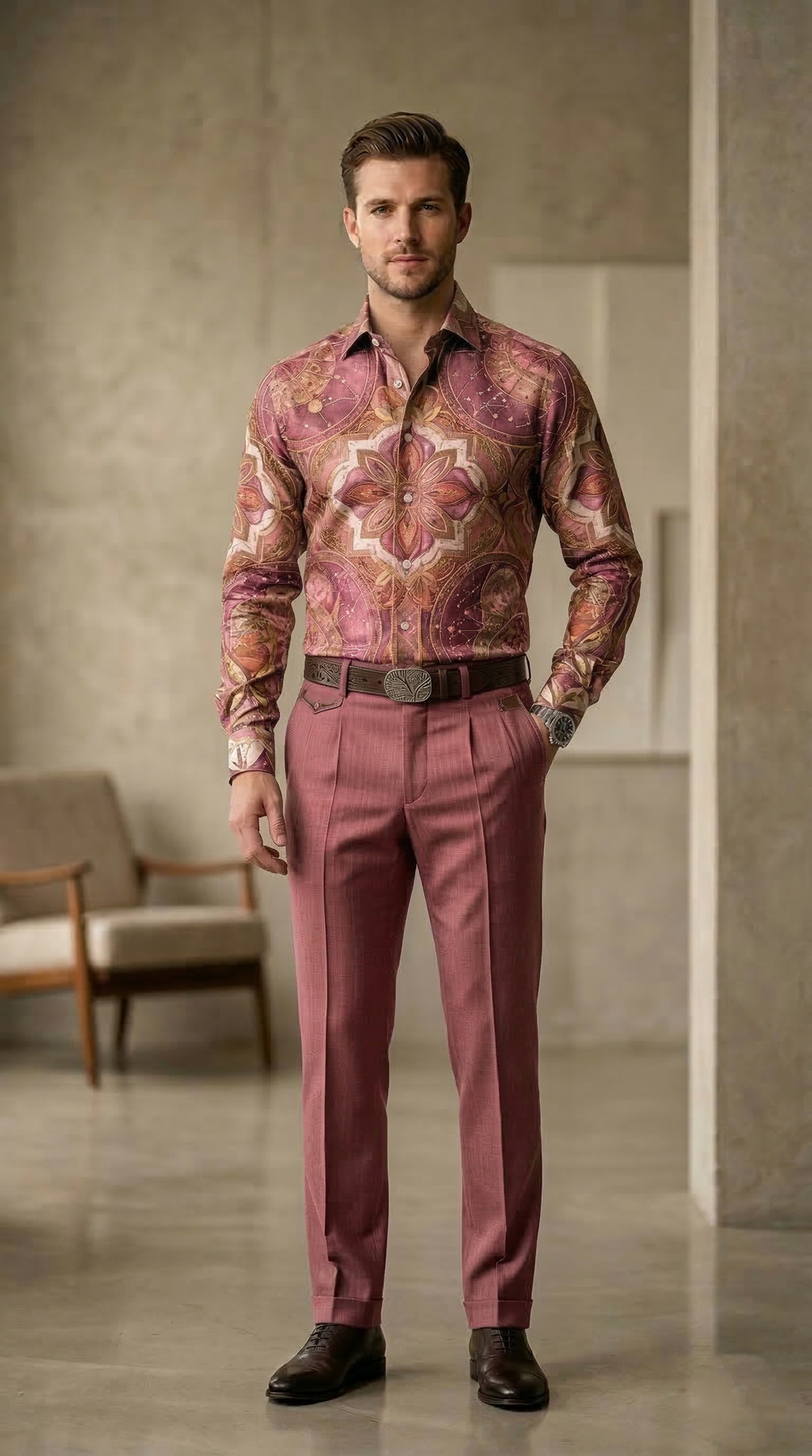 Designer Men’s Dusty Rose Mandala Print Shirt – Celestial Gold & Mauve Ornate Motif