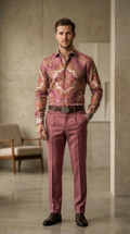 Designer Men’s Dusty Rose Mandala Print Shirt – Celestial Gold & Mauve Ornate Motif