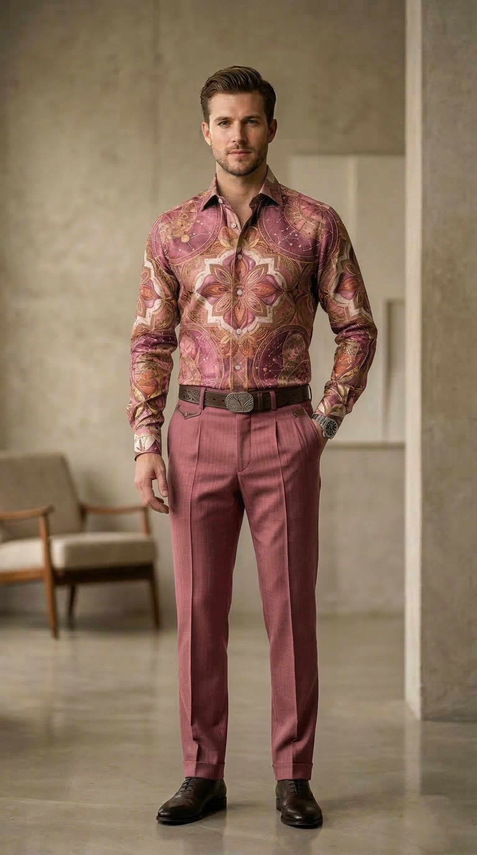 Designer Men’s Dusty Rose Mandala Print Shirt – Celestial Gold & Mauve Ornate Motif