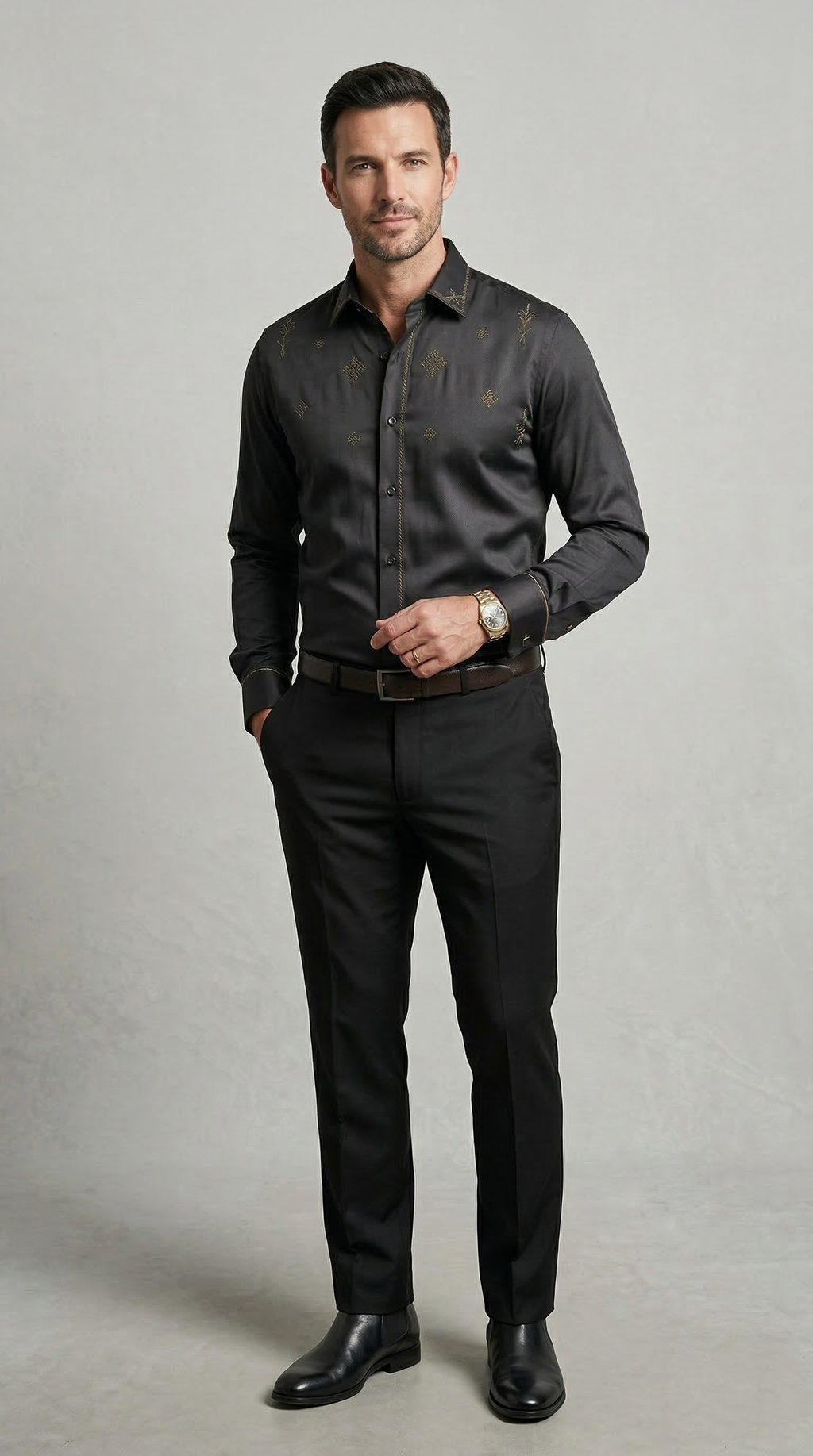 Designer Men’s Charcoal Black Embroidered Dress Shirt – Gold Filigree & Geometric Motif