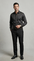 Designer Men’s Charcoal Black Embroidered Dress Shirt – Gold Filigree & Geometric Motif