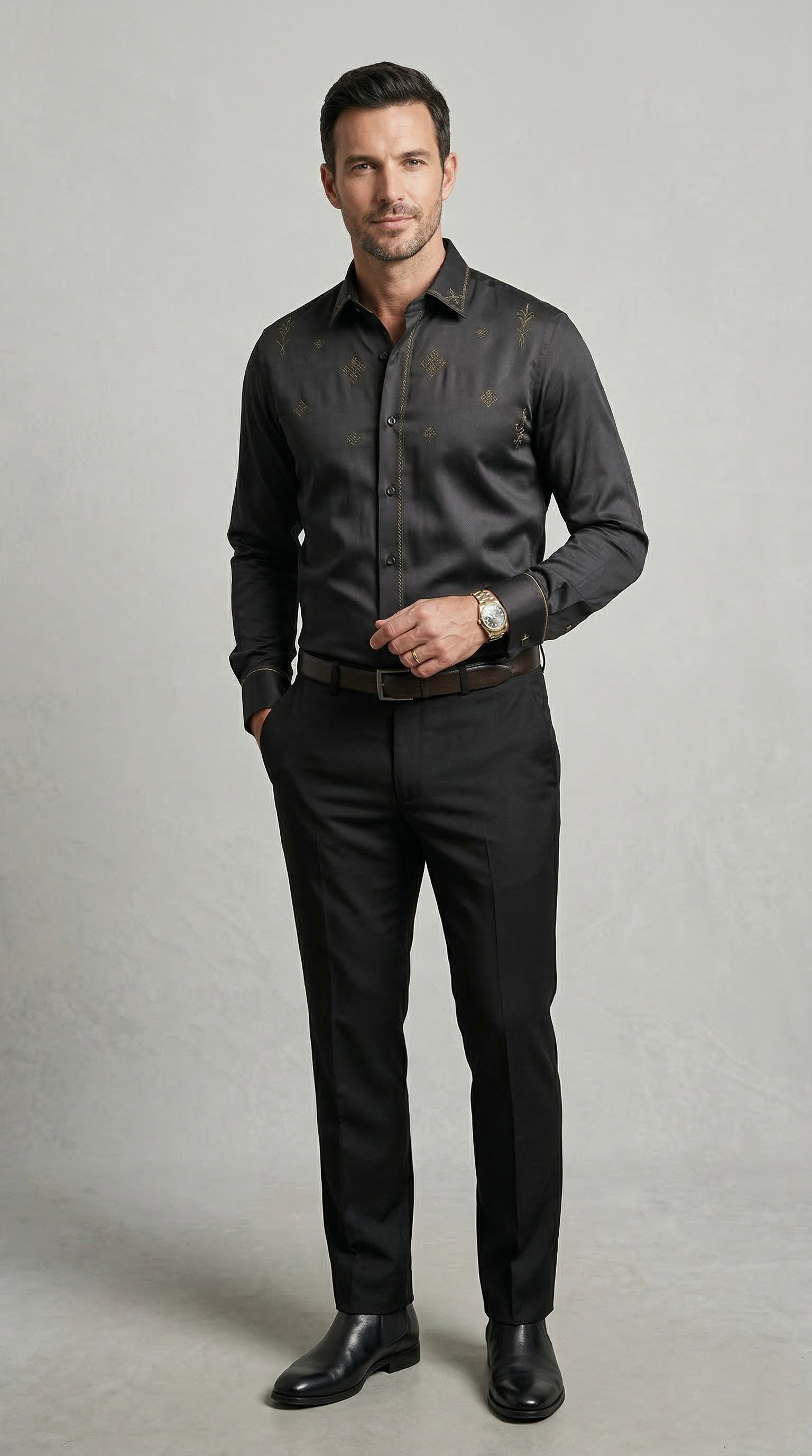 Designer Men’s Charcoal Black Embroidered Dress Shirt – Gold Filigree & Geometric Motif