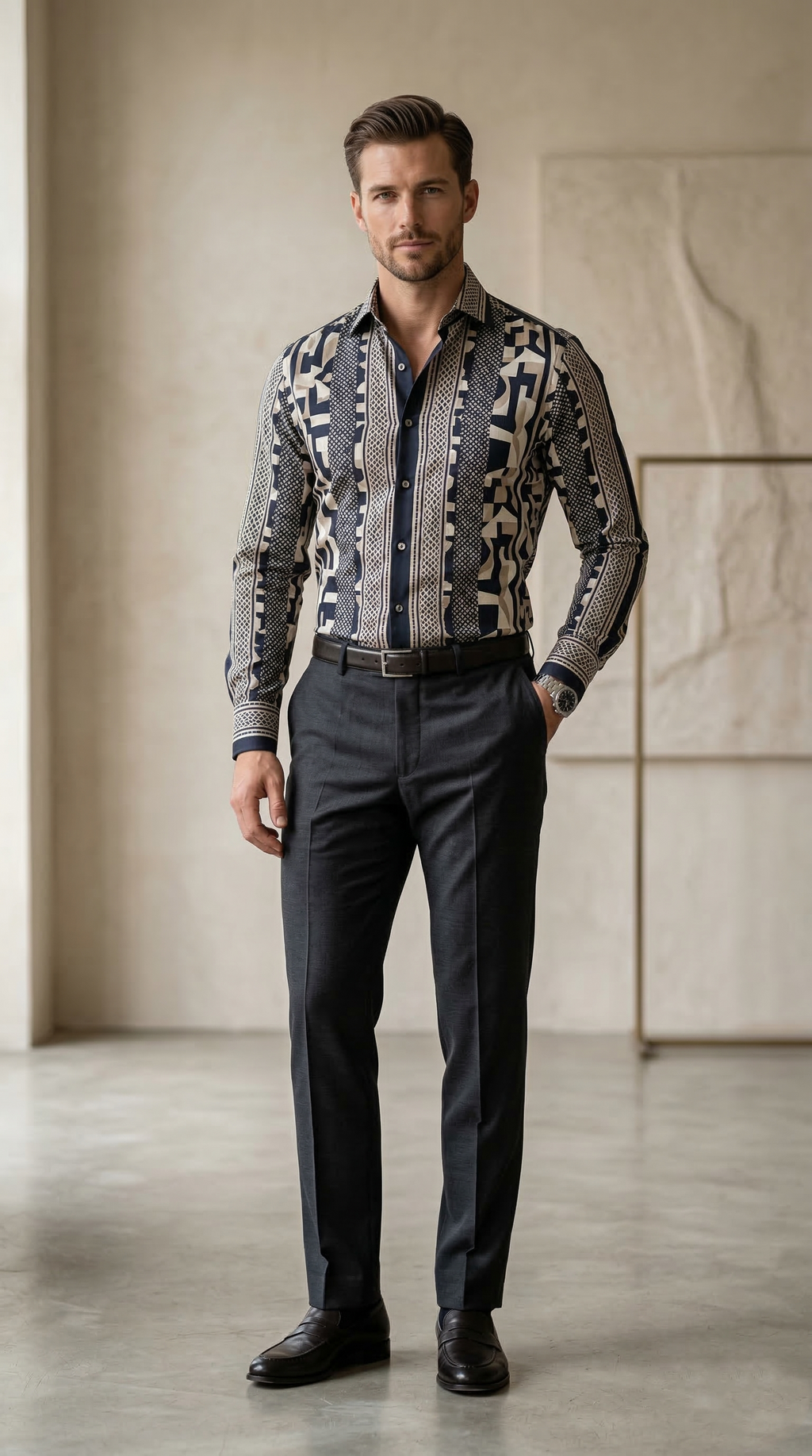 Men’s Slim-Fit Mosaic Geometric Print Silk-Blend Shirt