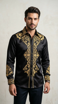 Men’s Designer Slim-Fit Baroque Embroidered Silk-Sateen Shirt – Black & Royal Gold