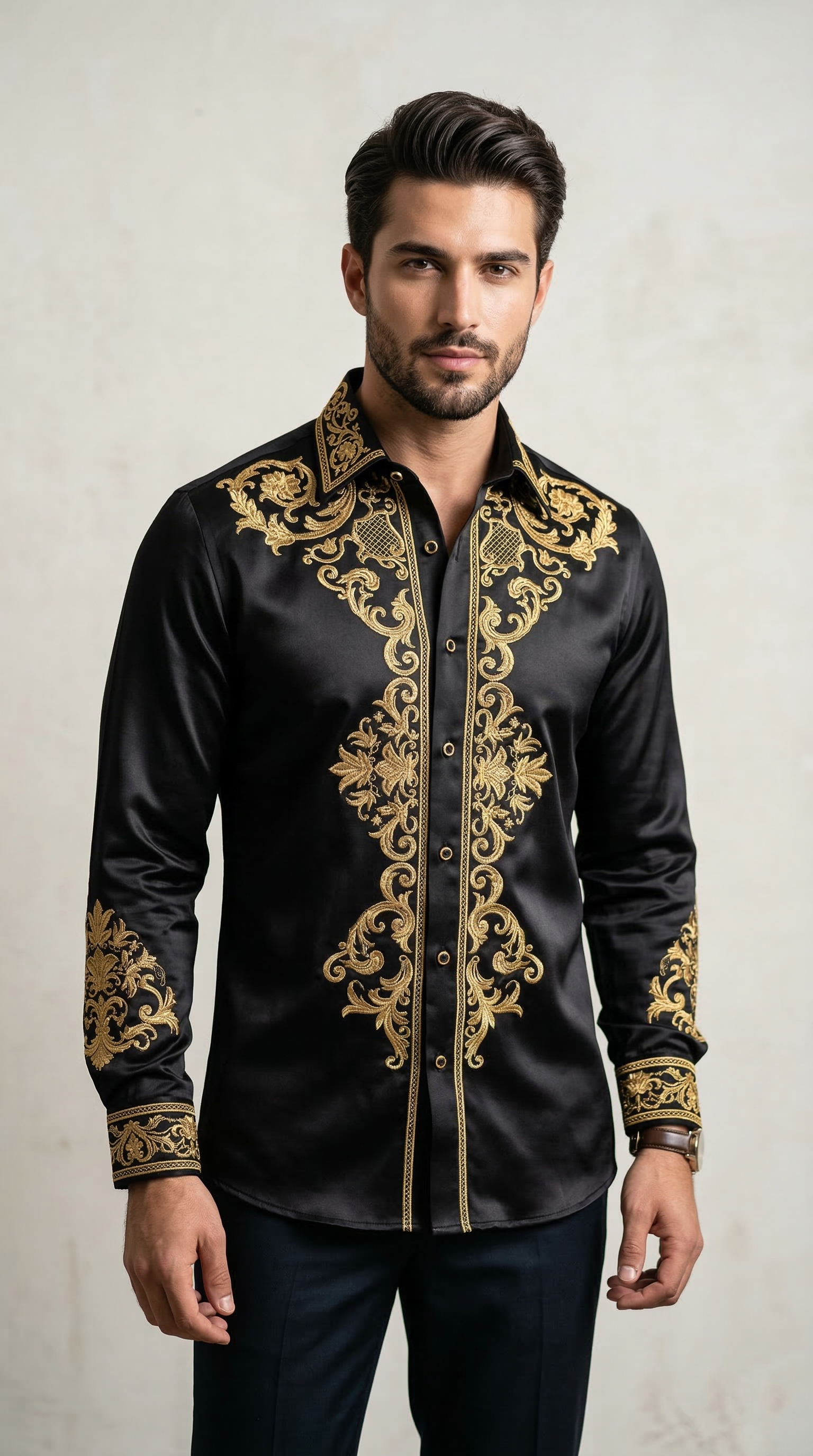 Men’s Designer Slim-Fit Baroque Embroidered Silk-Sateen Shirt – Black & Royal Gold
