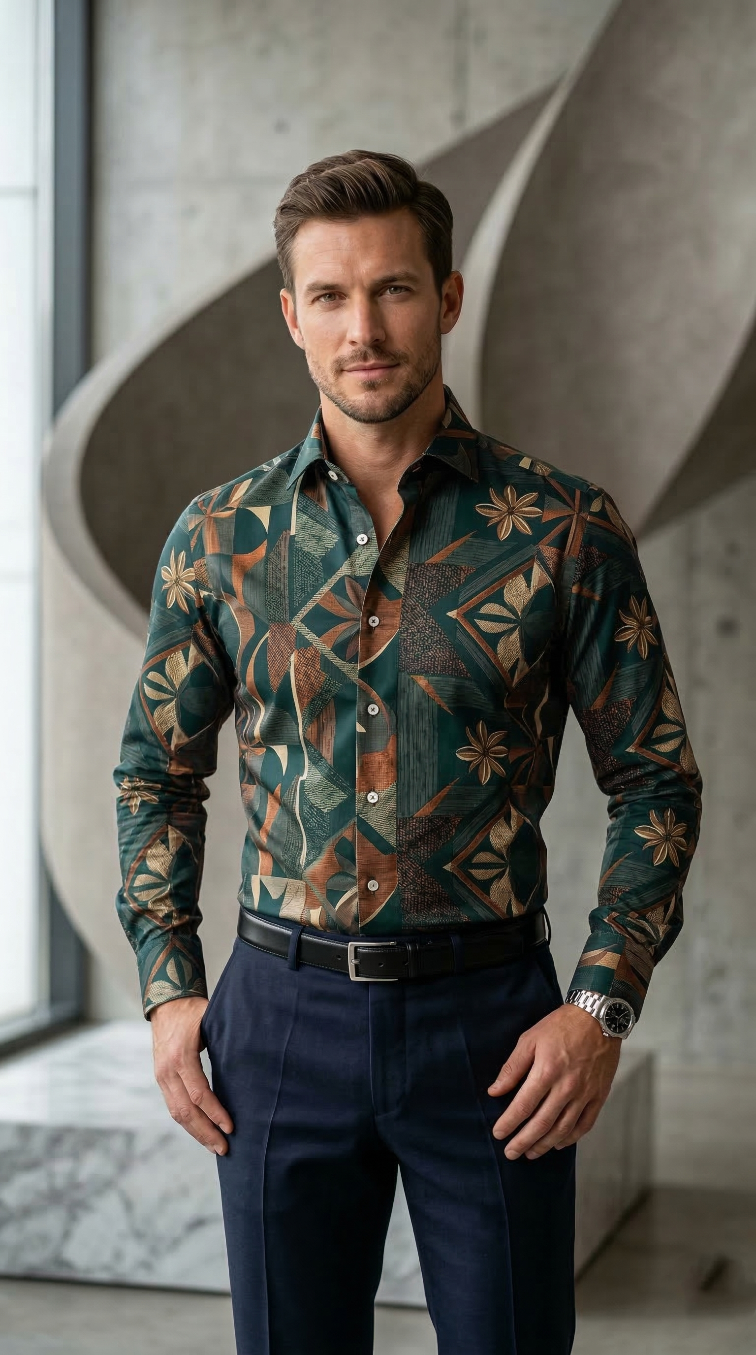 Men’s Designer Slim-Fit Abstract Botanical Mosaic Shirt
