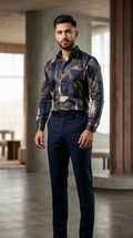 Men’s Designer Slim-Fit Abstract Fragment Print Shirt – Midnight & Burnished Bronze
