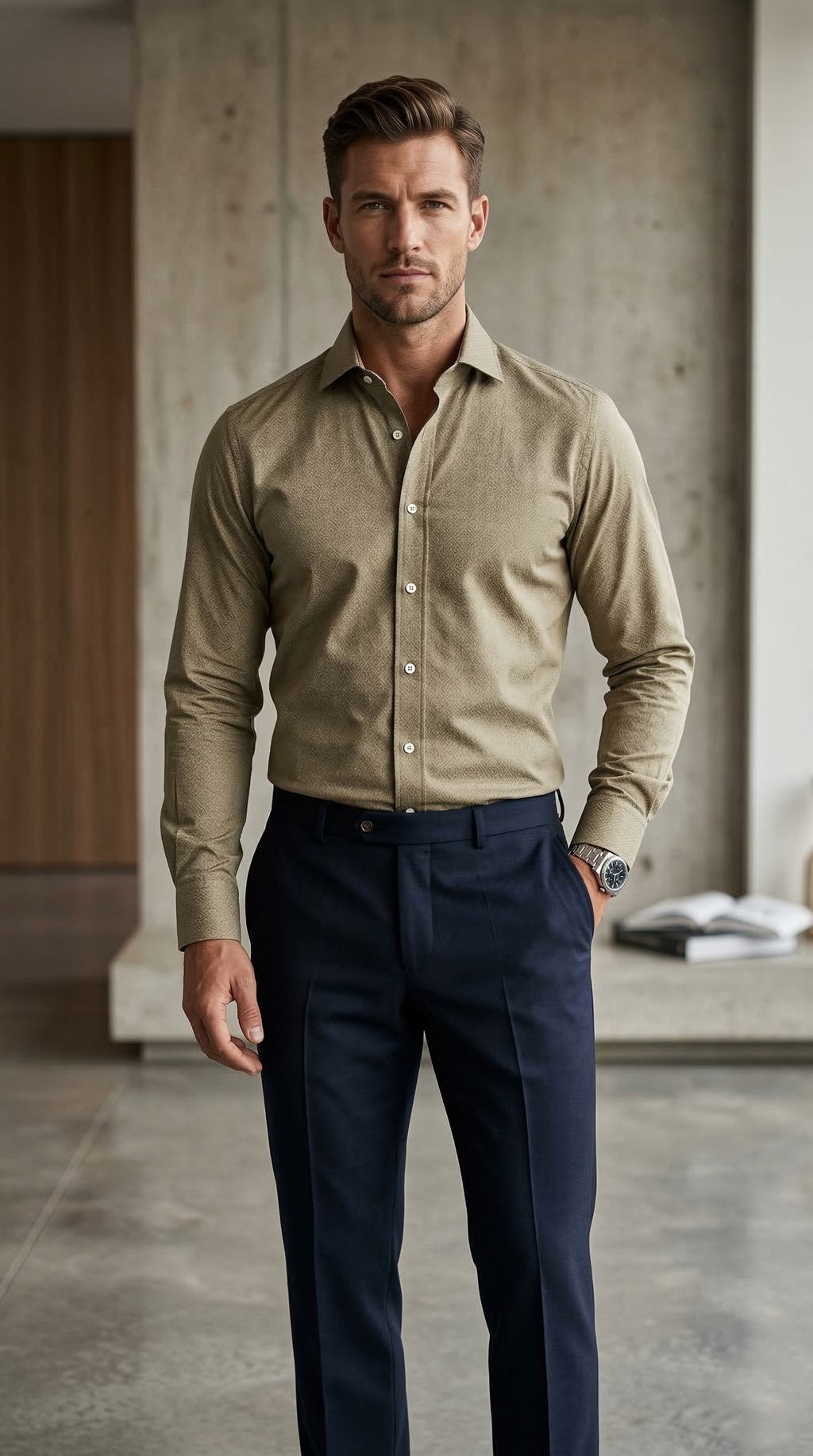 Men’s Tailored Fit Textured Flannel Shirt – Olive Sage Heather