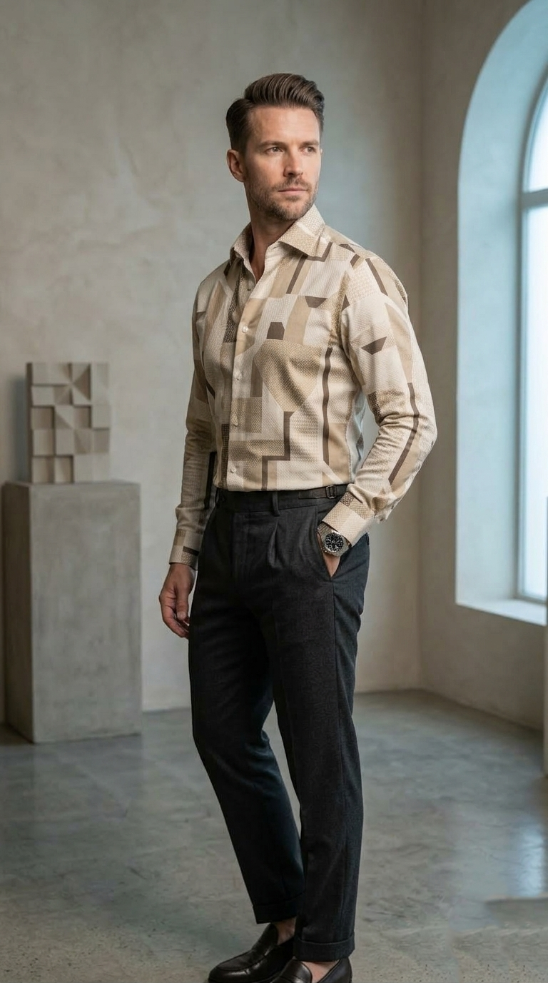 Men's Luxury Designer Geometric Print Button-Down