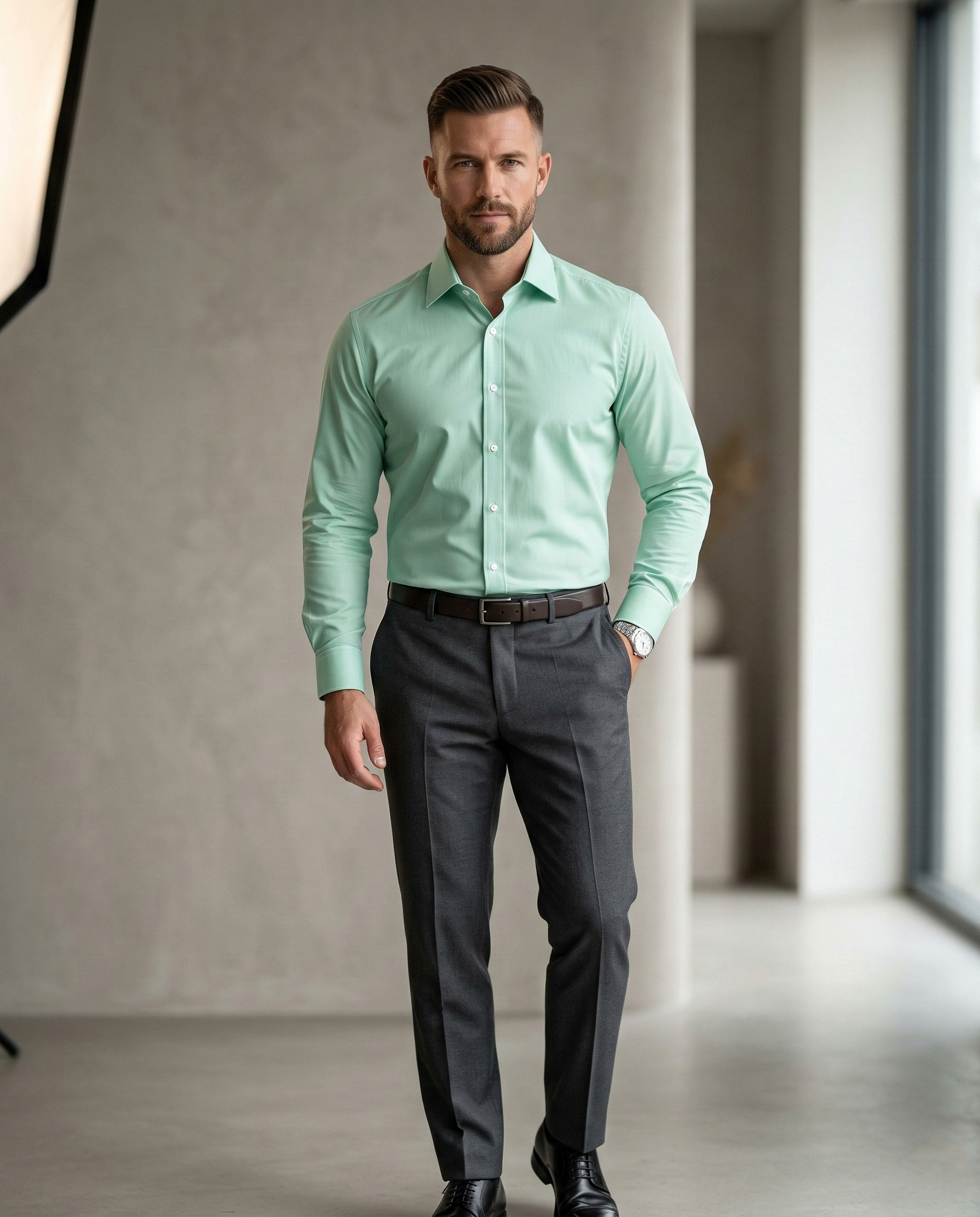 Mint Green Formal Shirt for Men | Premium Cotton Blend Regular Fit