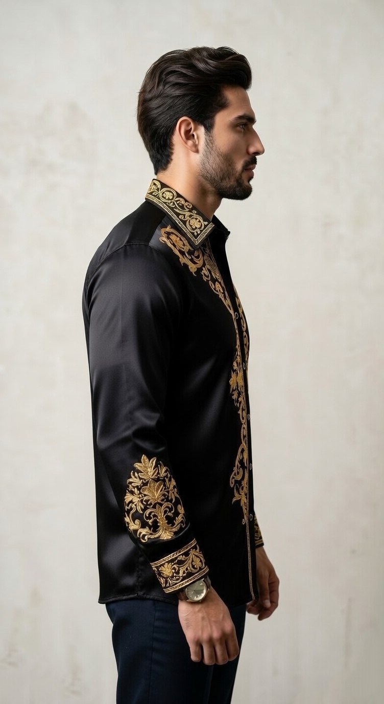 Men’s Designer Slim-Fit Baroque Embroidered Silk-Sateen Shirt – Black & Royal Gold