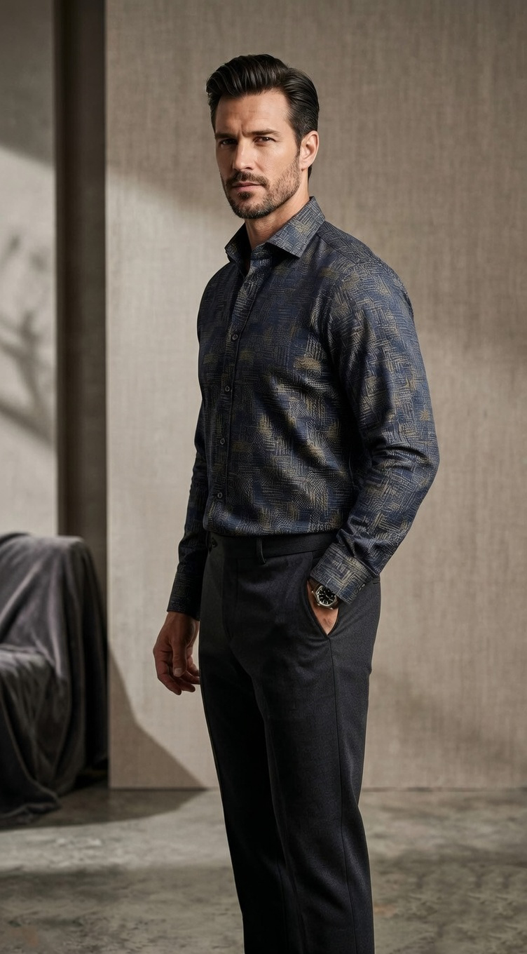 Designer Men’s Navy & Gold Jacquard Shirt – Abstract Cross-Hatch Textured Dress Shirt
