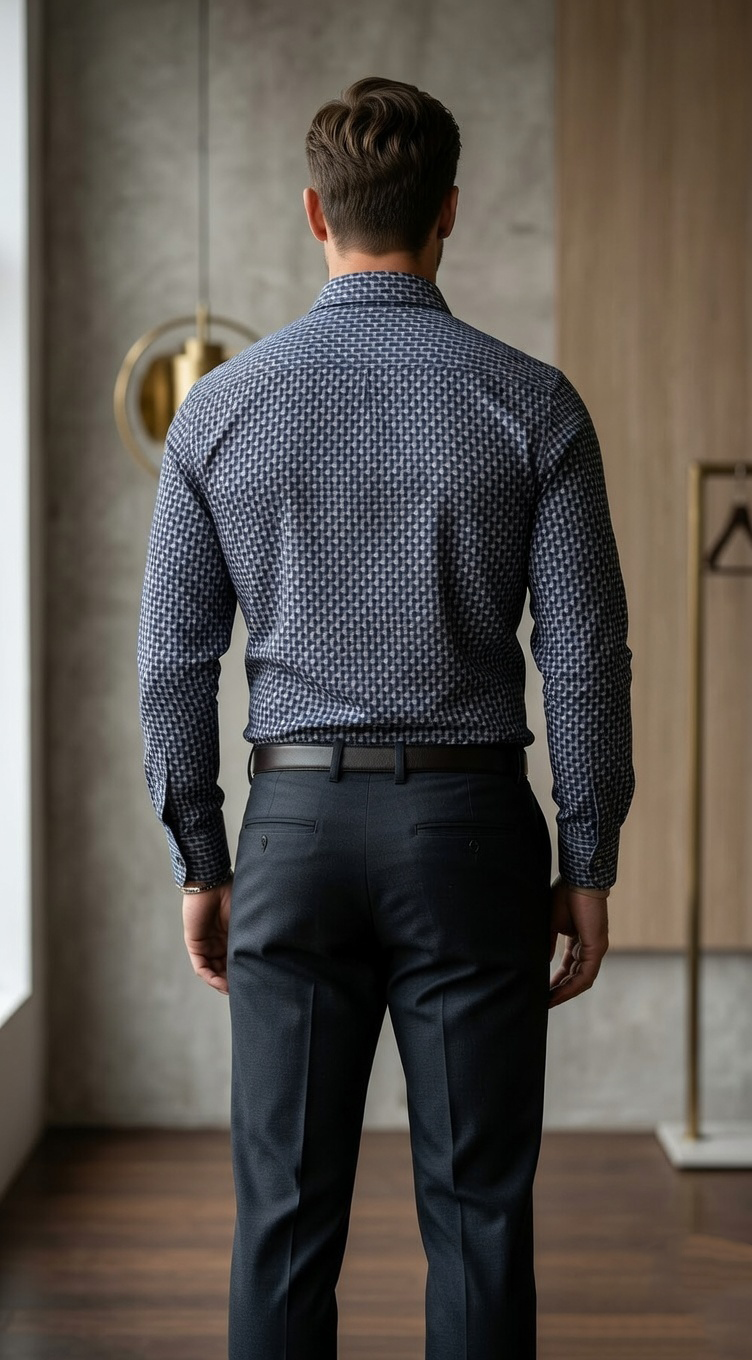 Designer Men’s Slim-Fit Micro-Hounds tooth Dress Shirt – Charcoal & Navy Geometric Print