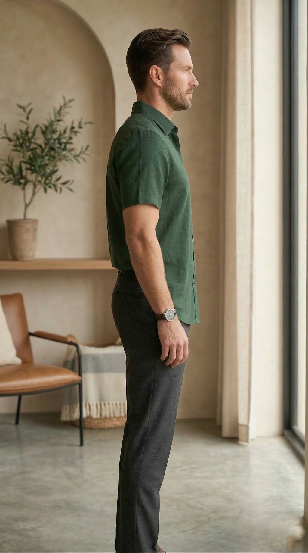 Men’s Casual Short-Sleeve Linen Shirt in Hunter Green