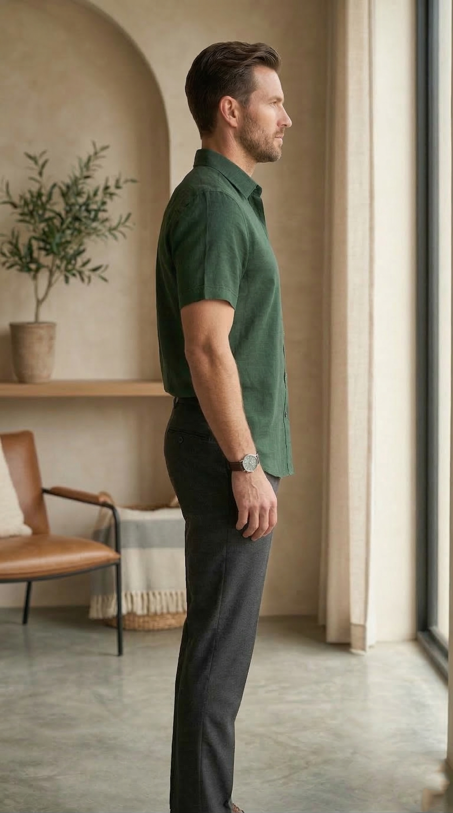 Men’s Casual Short-Sleeve Linen Shirt in Hunter Green