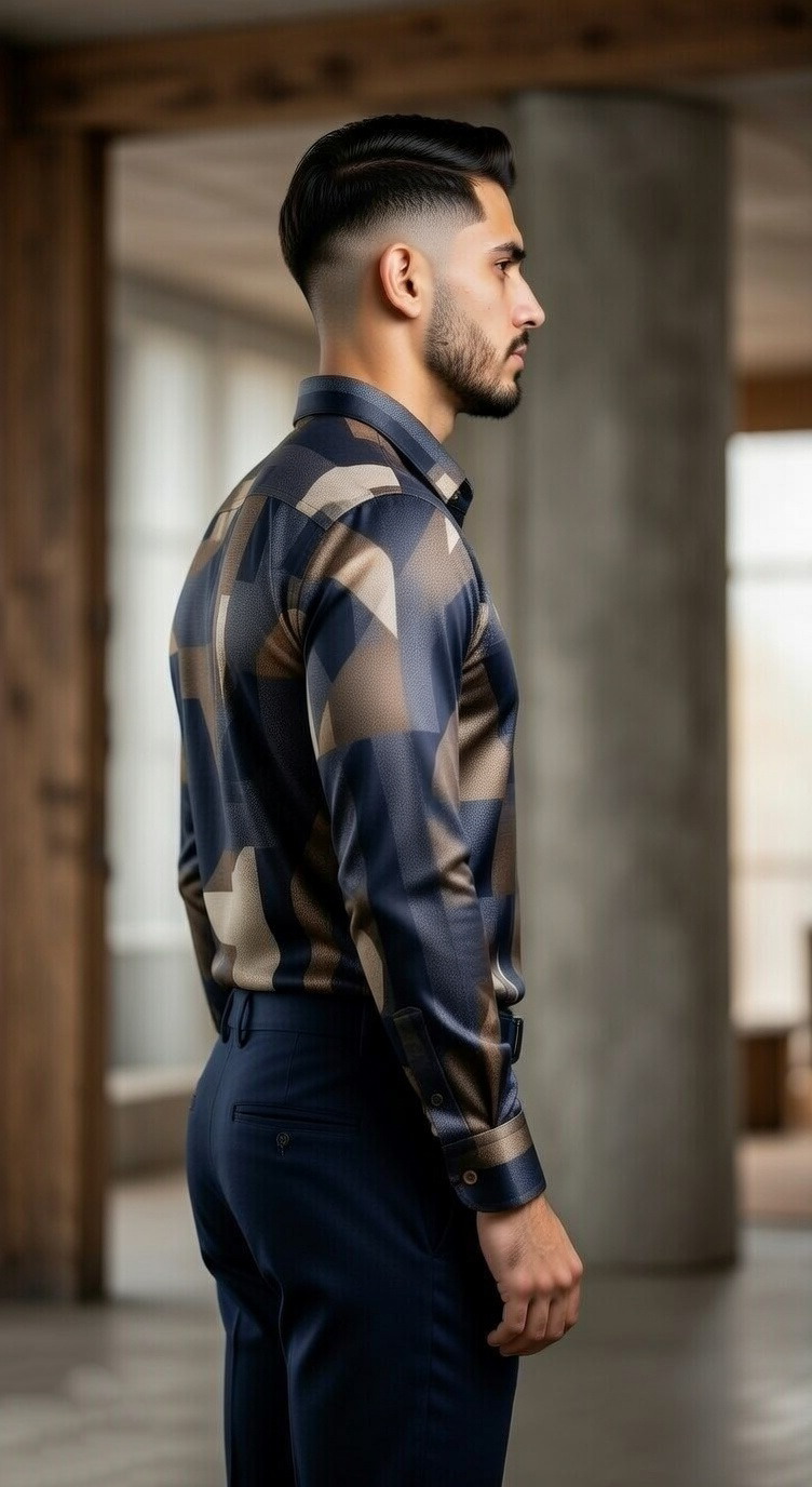 Men’s Designer Slim-Fit Abstract Fragment Print Shirt – Midnight & Burnished Bronze
