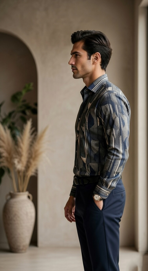Designer Men’s Abstract Geometric Print Shirt – Modern Slate & Charcoal Art-Deco Motif