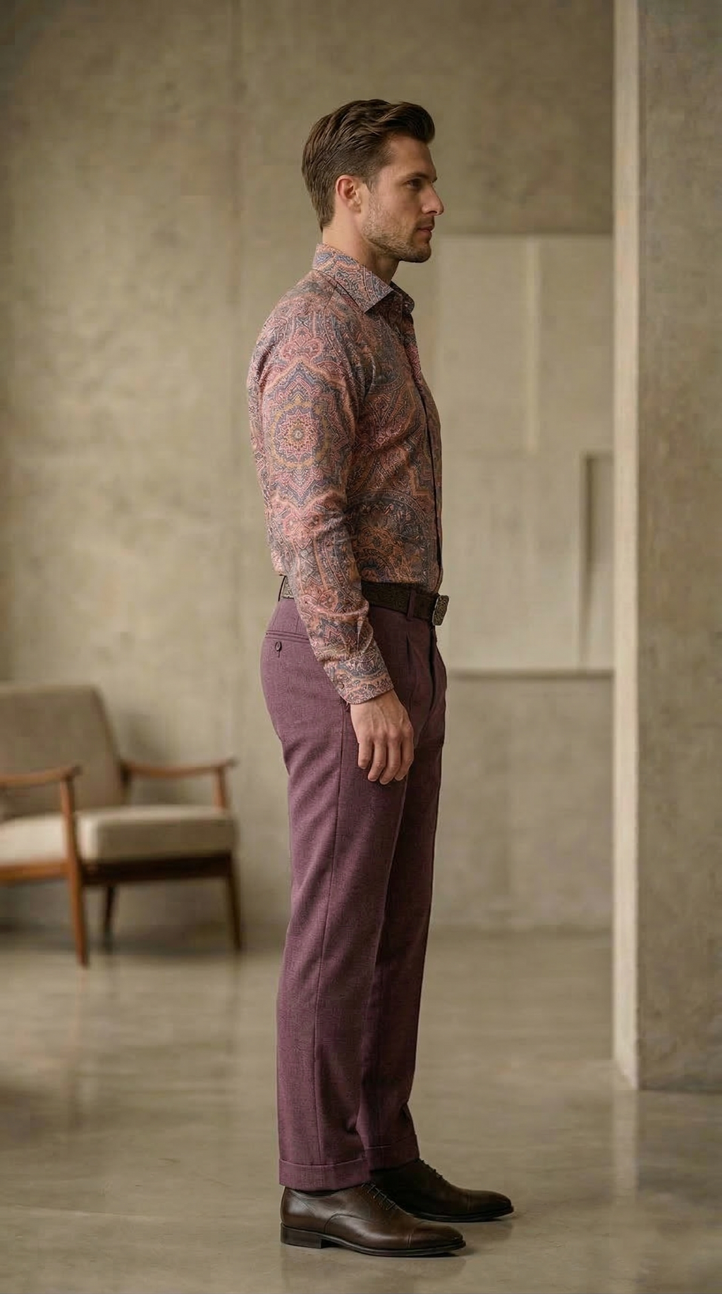 Designer Men’s Ornate Mandala Print Shirt – Sunset Copper & Plum Kaleidoscope Motif
