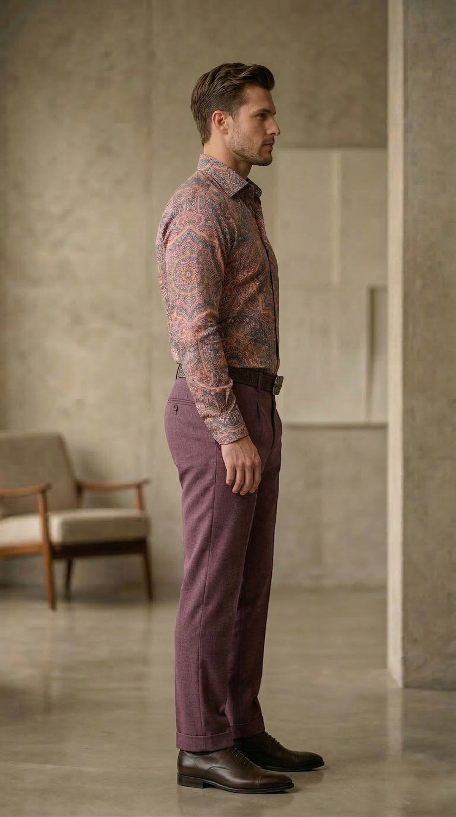 Designer Men’s Ornate Mandala Print Shirt – Sunset Copper & Plum Kaleidoscope Motif