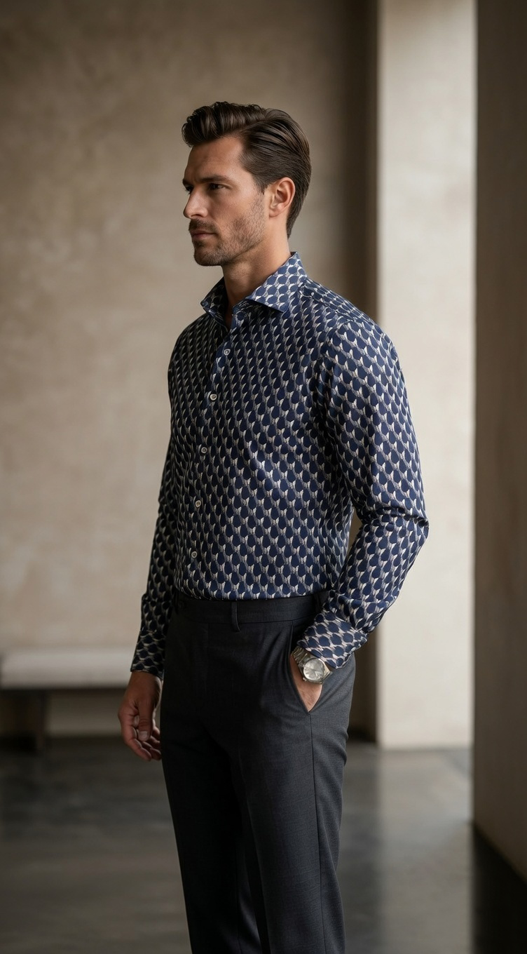 Designer Men’s Geometric Hexagon Print Shirt – Navy & Slate 3D Optical Motif