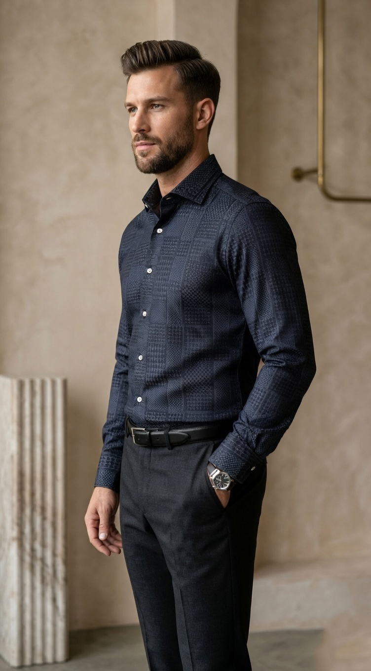 Men's Midnight Indigo Multi-Textural Jacquard Masonry Shirt