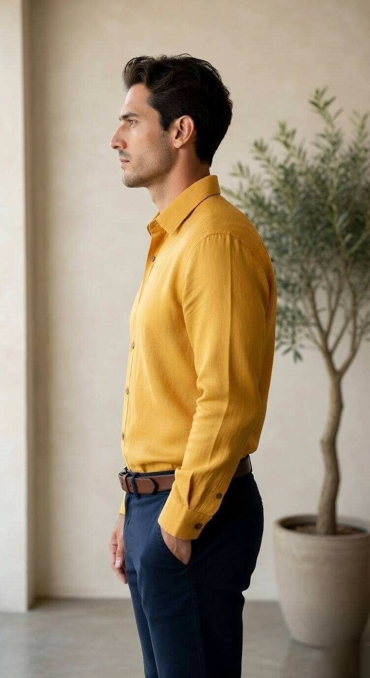 Men’s Casual Long-Sleeve Linen-Blend Shirt in Mustard Gold