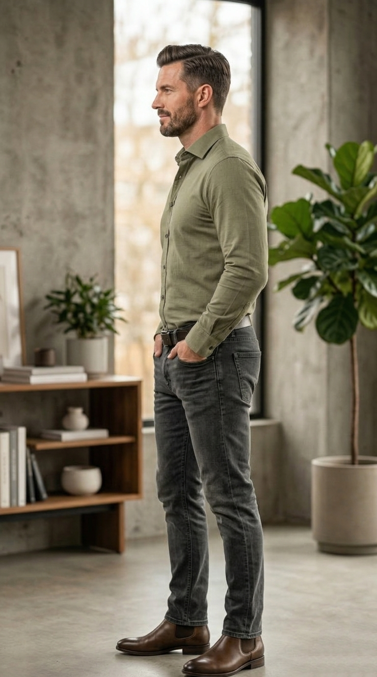 Men’s Casual Slim-Fit Brushed Twill Shirt in Sage Olive
