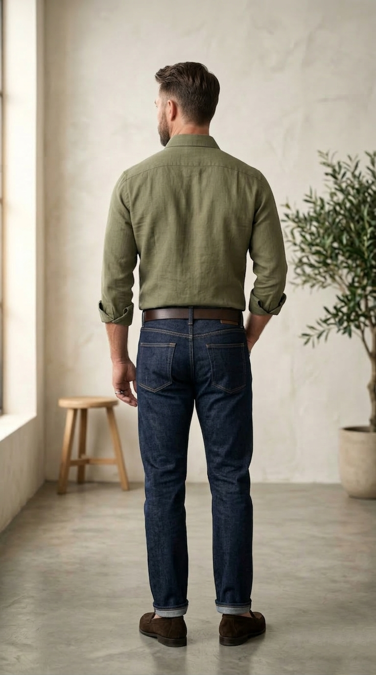 Men’s Premium Linen-Blend Button-Down Shirt in Olive Drab