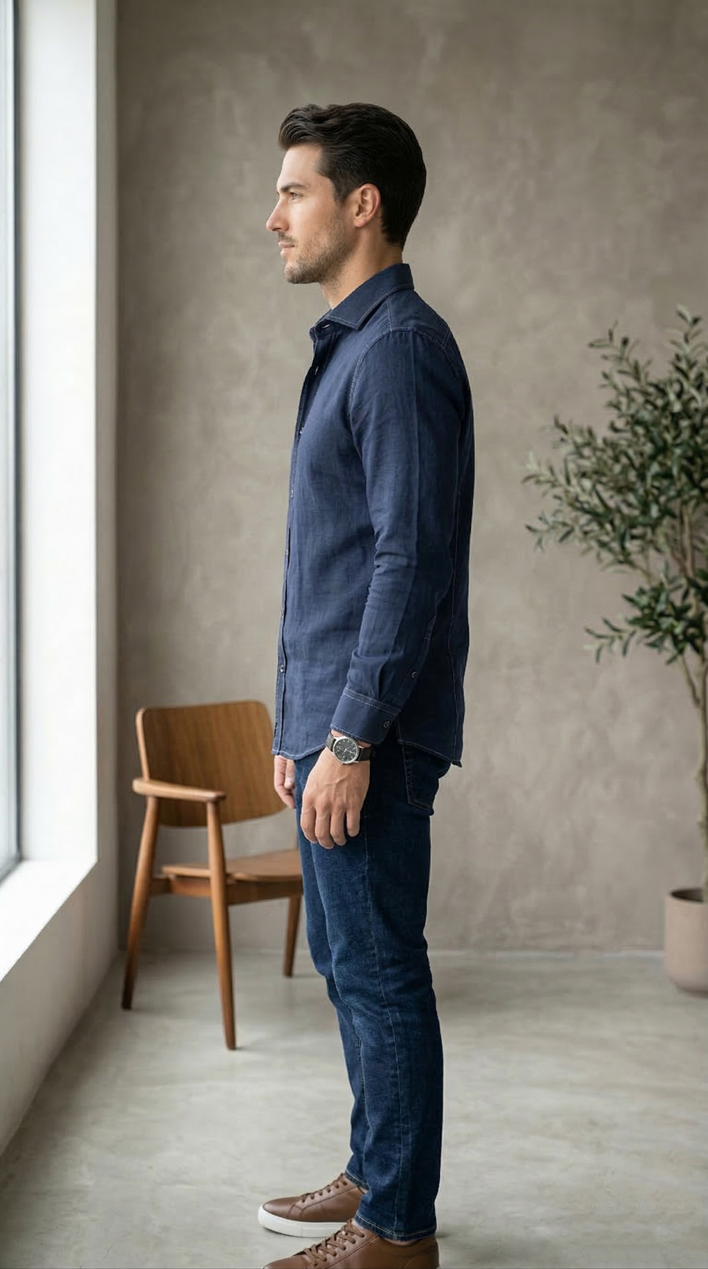 Men’s Deep Indigo Denim-Look Casual shirt with Contrast Topstitching