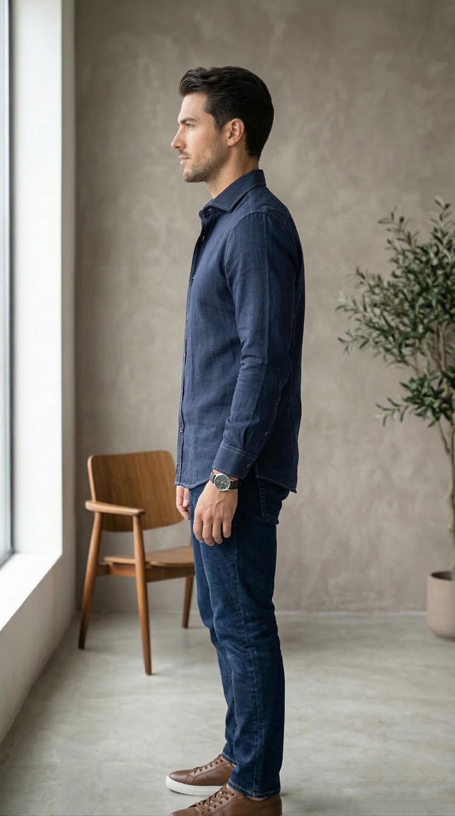 Men’s Deep Indigo Denim-Look Casual shirt with Contrast Topstitching