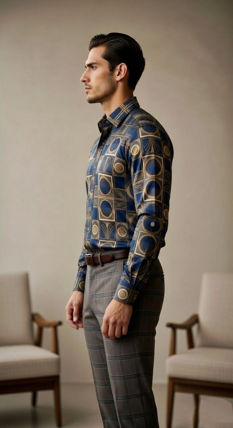Designer Men’s Art Deco Tile Print Shirt – Navy & Gold Architectural Motif