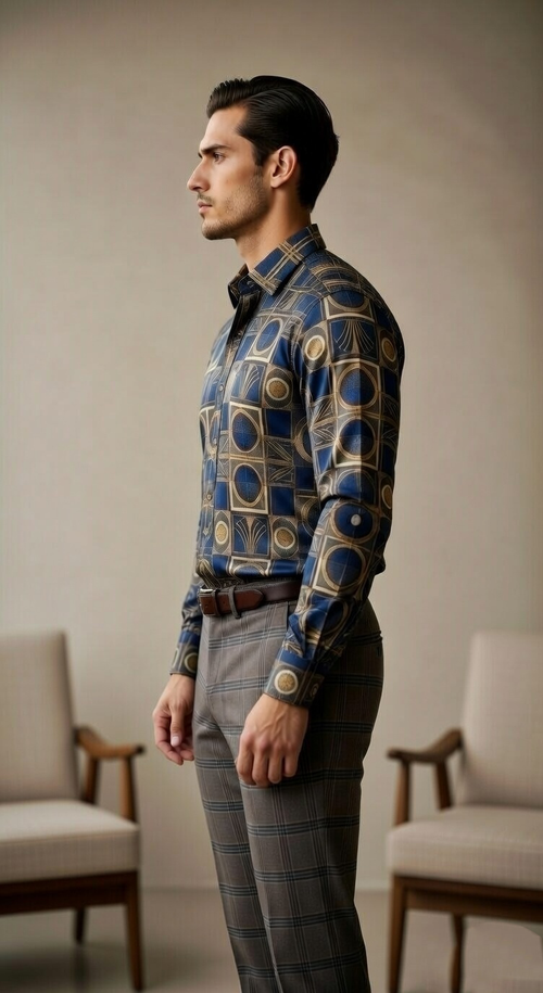 Designer Men’s Art Deco Tile Print Shirt – Navy & Gold Architectural Motif